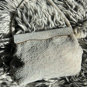 VINTAGE 1960's White Beaded Evening Bag - Excellent Condition